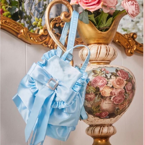 NWT light blue satin bow with rhinestone in middle ruffled backpack - Picture 5 of 5